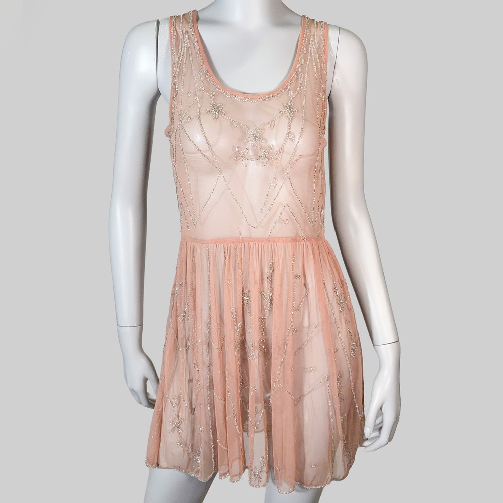 Free People Starry Night Sheer Beaded 20s Inspired Mini Dress XS Celestial Boho